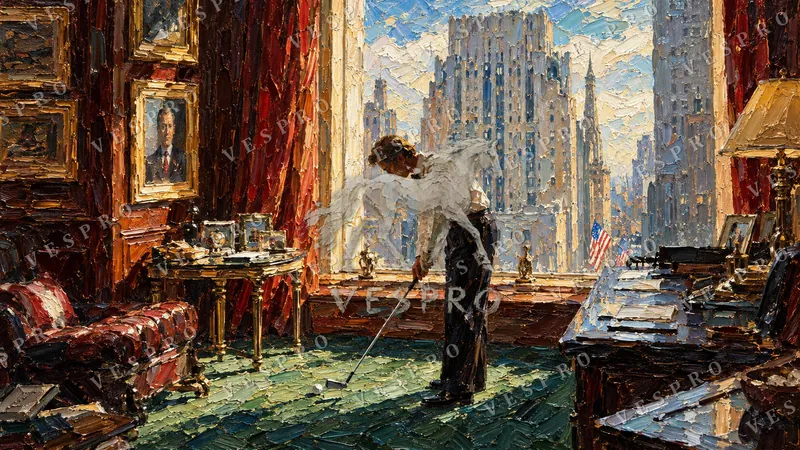 Office Golf with a New York View, oil painting wallpaper preview