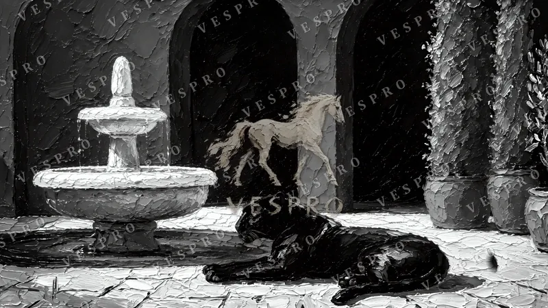 Panther by the Fountain Noir, oil painting wallpaper preview