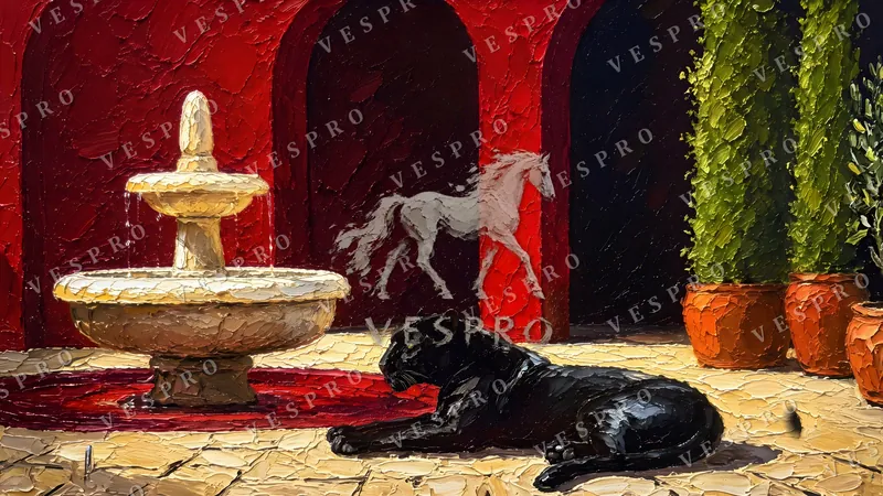 Panther by the Fountain, oil painting wallpaper preview