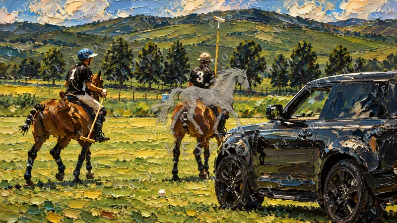 Polo Players and the Black SUV, oil painting wallpaper preview
