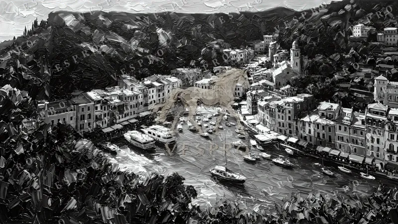 Portofino Harbour Noir, oil painting wallpaper preview