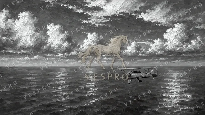 Red Seaplane over the Ocean Noir, oil painting wallpaper preview