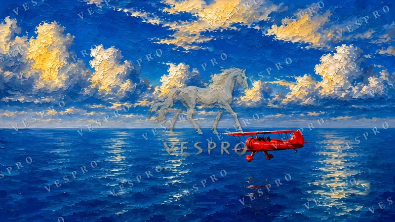 Red Seaplane over the Ocean, oil painting wallpaper preview