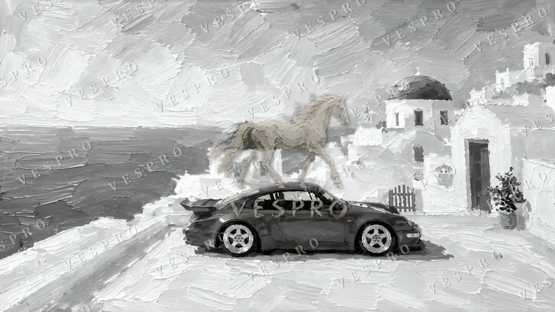 Red Sports Car in Santorini Noir, oil painting wallpaper preview