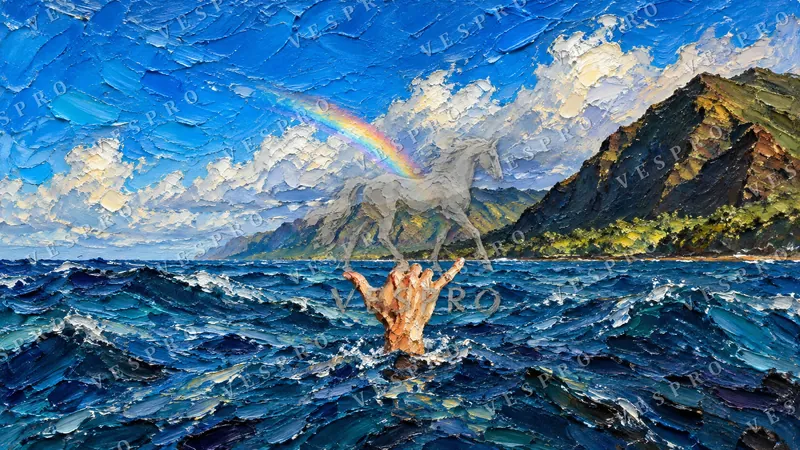 Shaka Sign Under a Rainbow, oil painting wallpaper preview