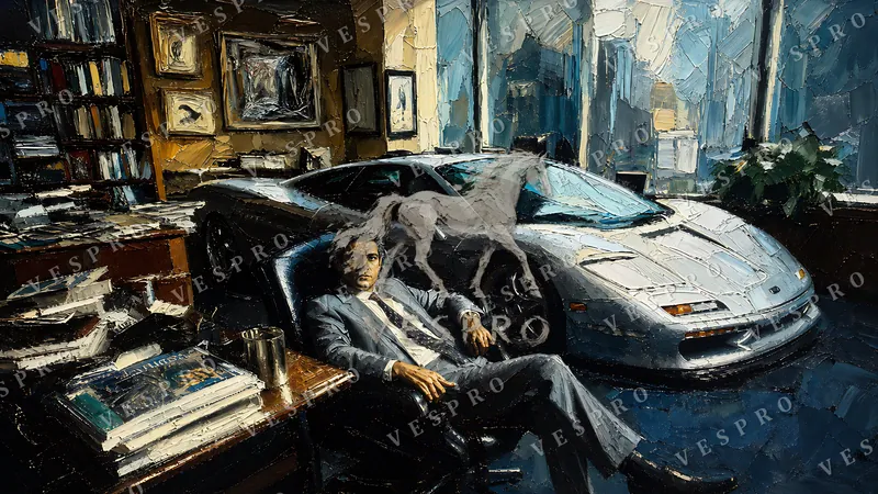 Silver Supercar in the Office, oil painting wallpaper preview