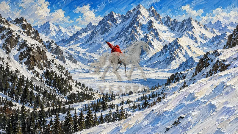 Skier on a Snowy Slope, oil painting wallpaper preview