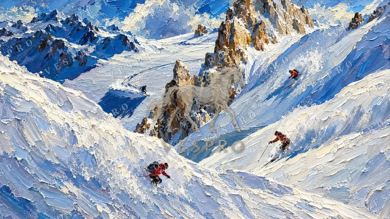 Skiers on a Snowy Mountain, oil painting wallpaper preview