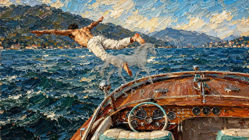 Speedboat Dive on the Mountain Lake, oil painting wallpaper preview