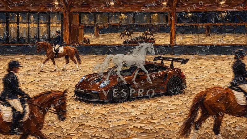 Sports Car in the Riding Arena, oil painting wallpaper preview