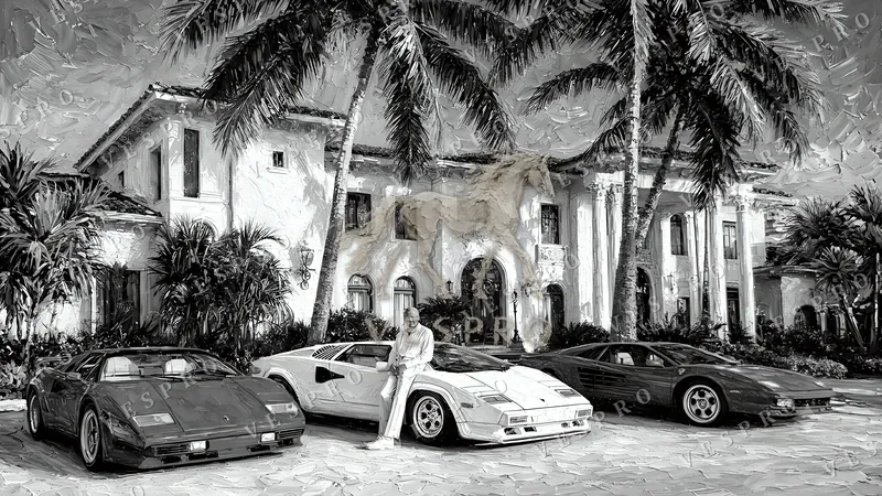 Supercars at the Palm Mansion Noir, oil painting wallpaper preview