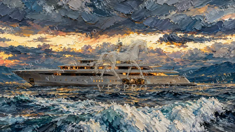 Superyacht at Sunset, oil painting wallpaper preview