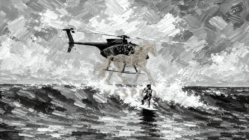 Surfer and the Helicopter Noir, oil painting wallpaper preview