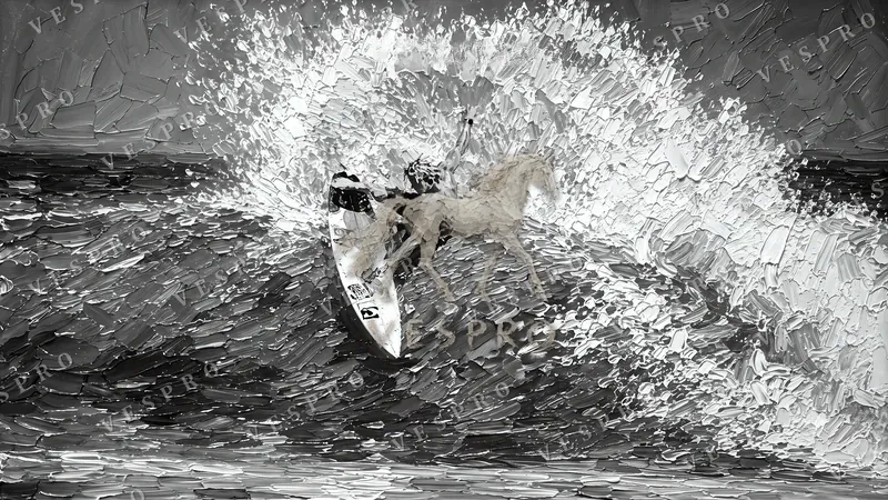Surfer Carving the Wave Noir, oil painting wallpaper preview