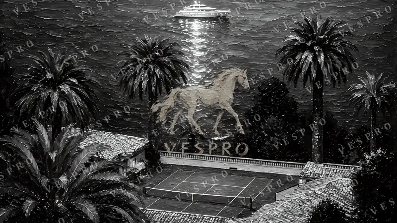 Tennis Court and Yacht at Night Noir, oil painting wallpaper preview