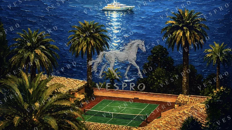Tennis Court and Yacht at Night, oil painting wallpaper preview