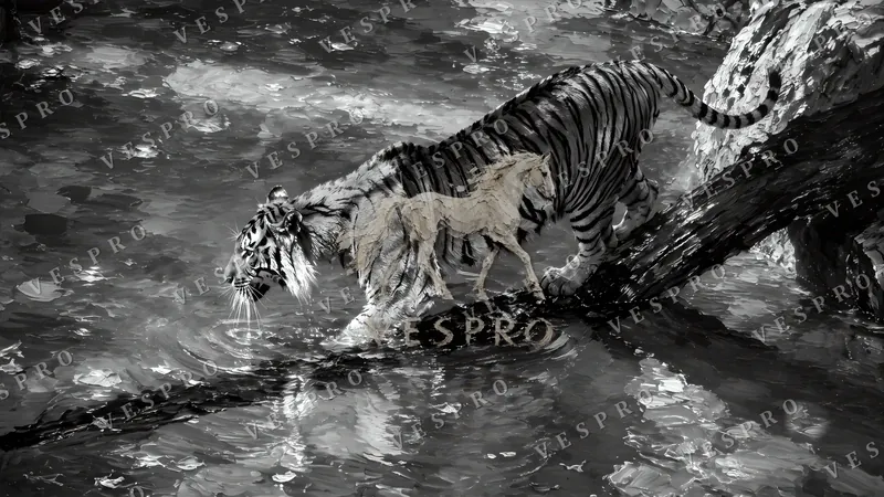 Tiger Crossing the Stream Noir, oil painting wallpaper preview