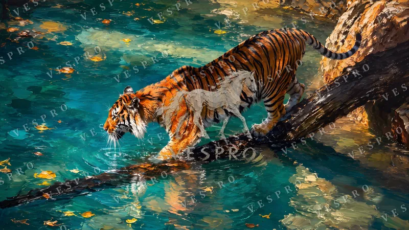Tiger Crossing the Stream, oil painting wallpaper preview