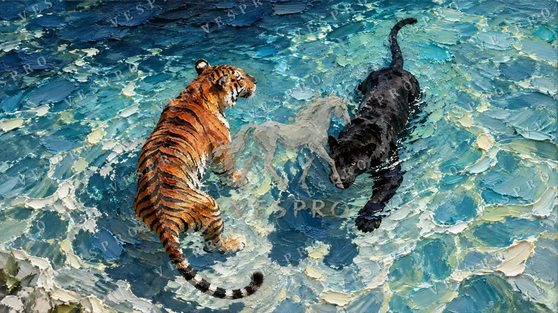 Tiger and Panther Swimming, oil painting wallpaper preview