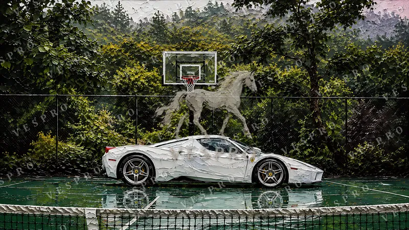 White Ferrari on the Court, oil painting wallpaper preview