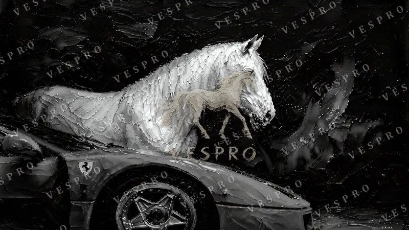 White Horse and Red Ferrari Noir, oil painting wallpaper preview