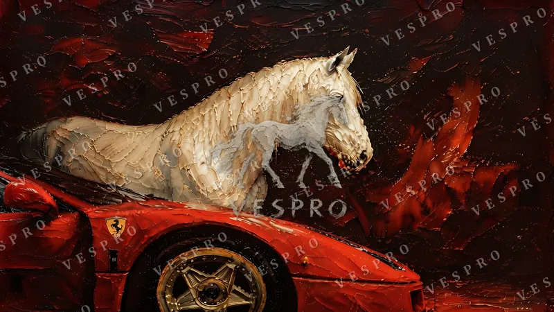 White Horse and Red Ferrari, oil painting wallpaper preview