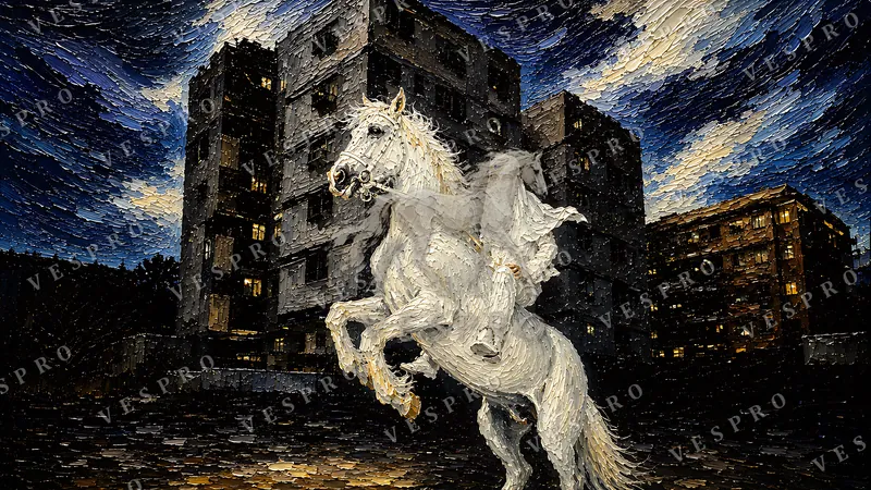 White Horse Rearing at Night, oil painting wallpaper preview