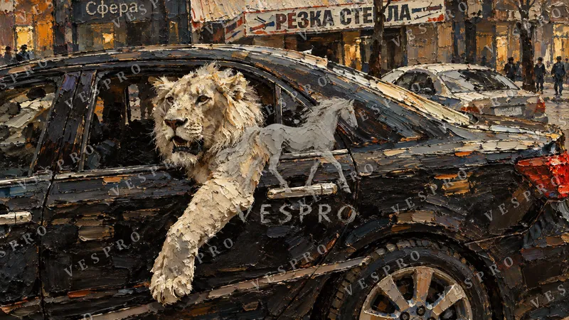 White Lion in a Black Car, oil painting wallpaper preview