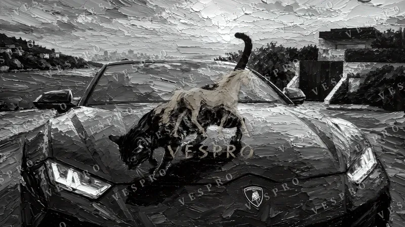 Wild Cat on the Lamborghini Noir, oil painting wallpaper preview